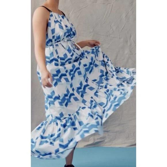 🥳 HP Peter Som x Anthropologie Larissa M Blue Print Tiered Belted Maxi Dress - Picture 6 of 8